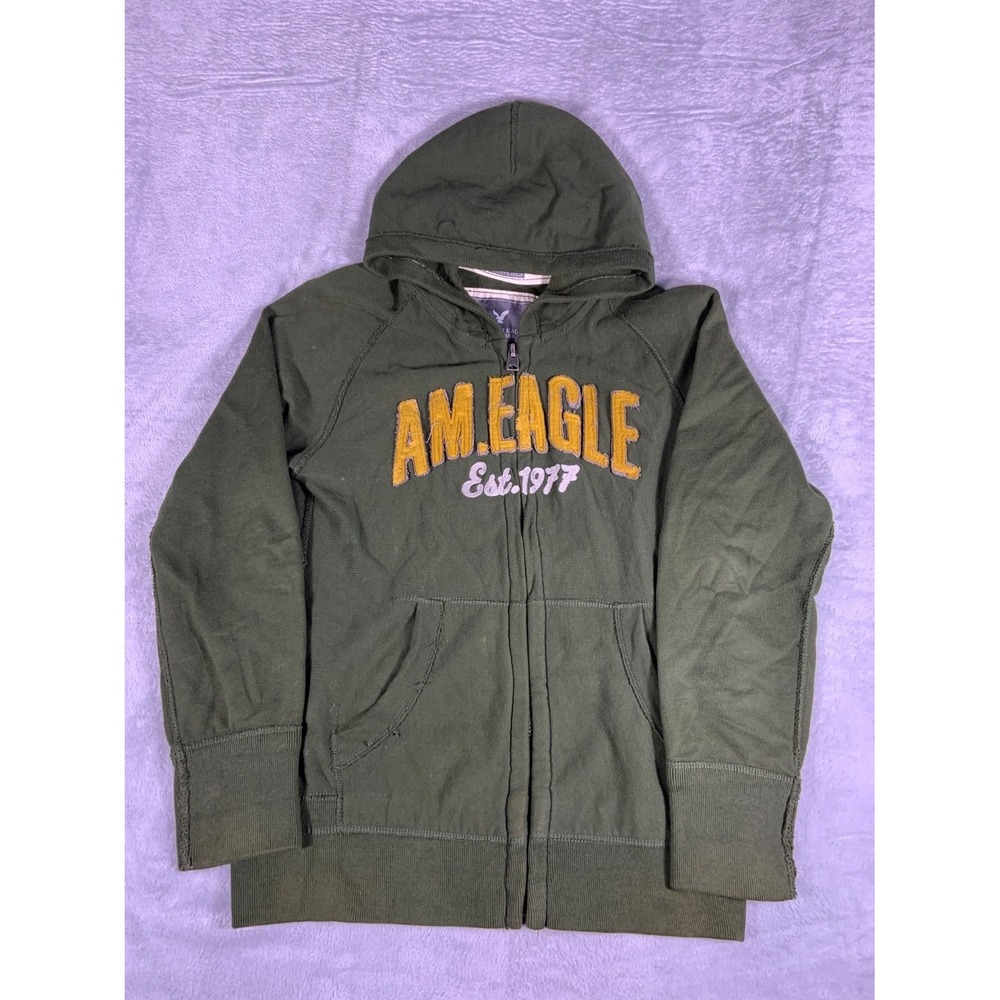 Y2K American Eagle Embroidered Heavy Weight Jacket Mens L Olive Green Full Zip